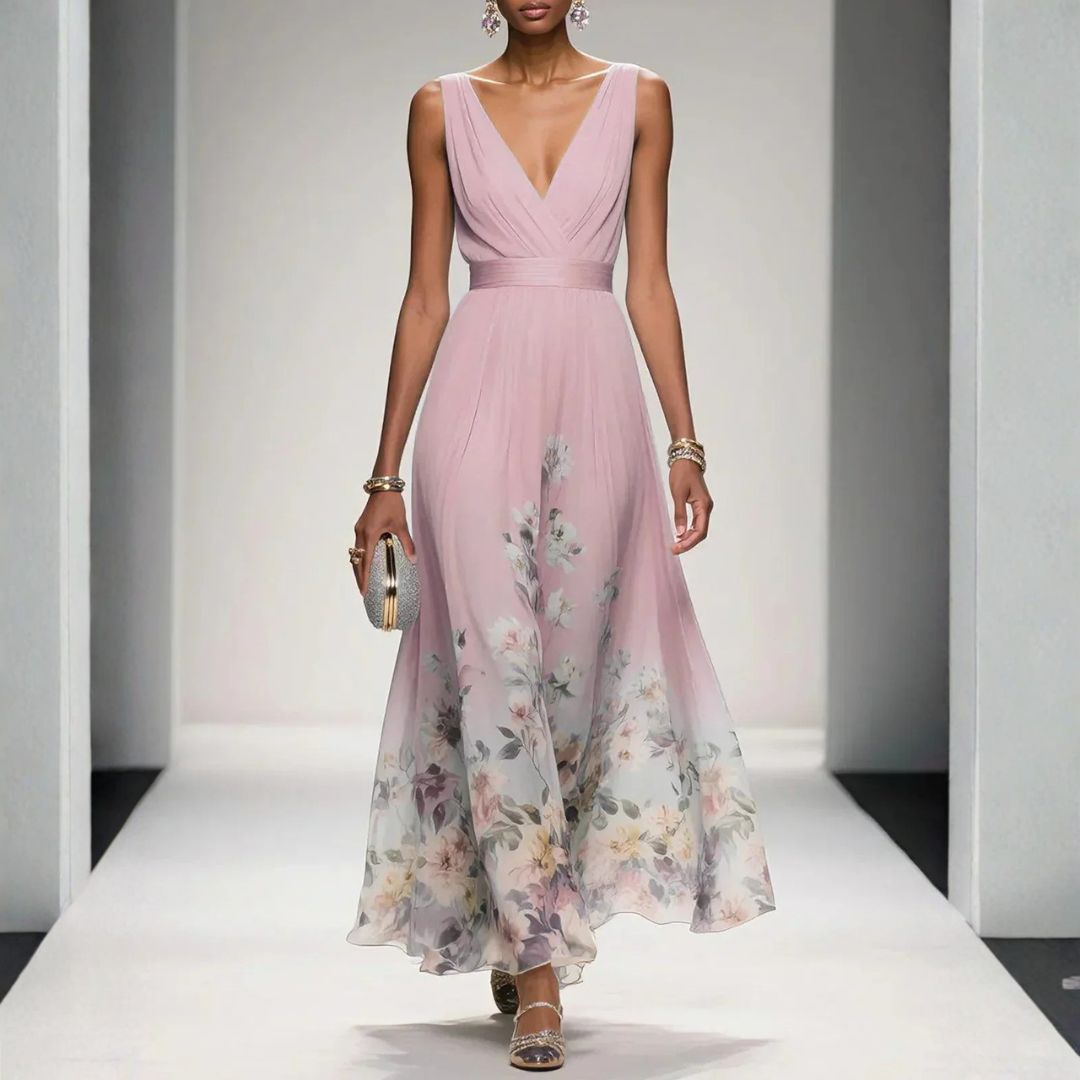 Model in a flowing floral print long dress with soft flutter sleeves on a plain background.