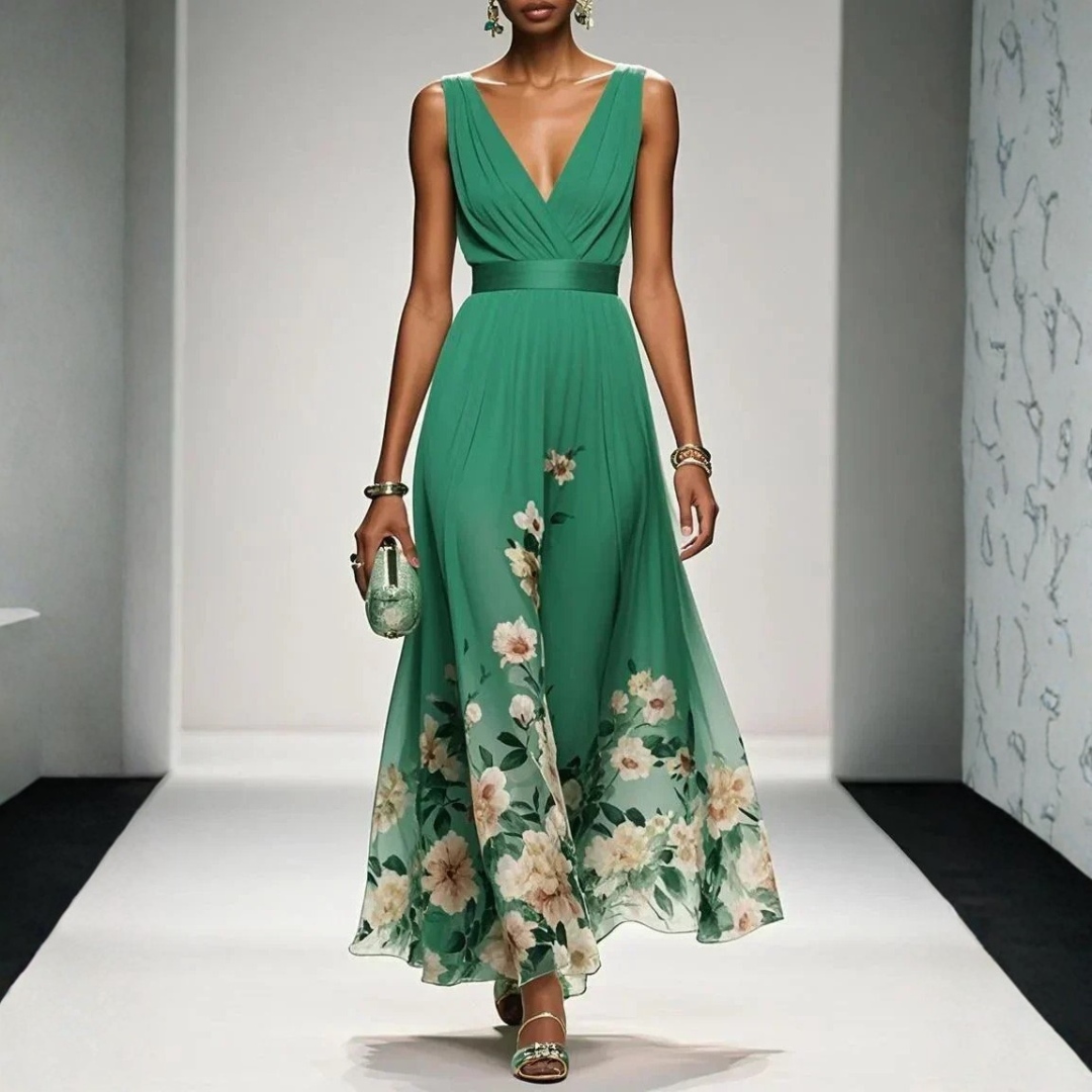 Model styled in a floral V-neck evening maxi dress