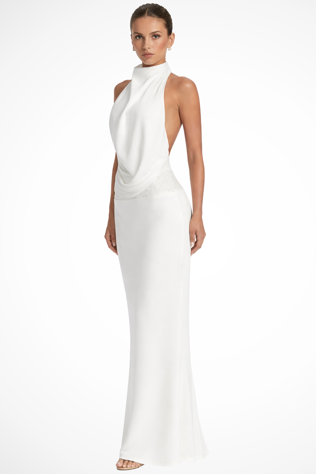 Model wearing a halter neck maxi dress for formal occasions on a plain background.