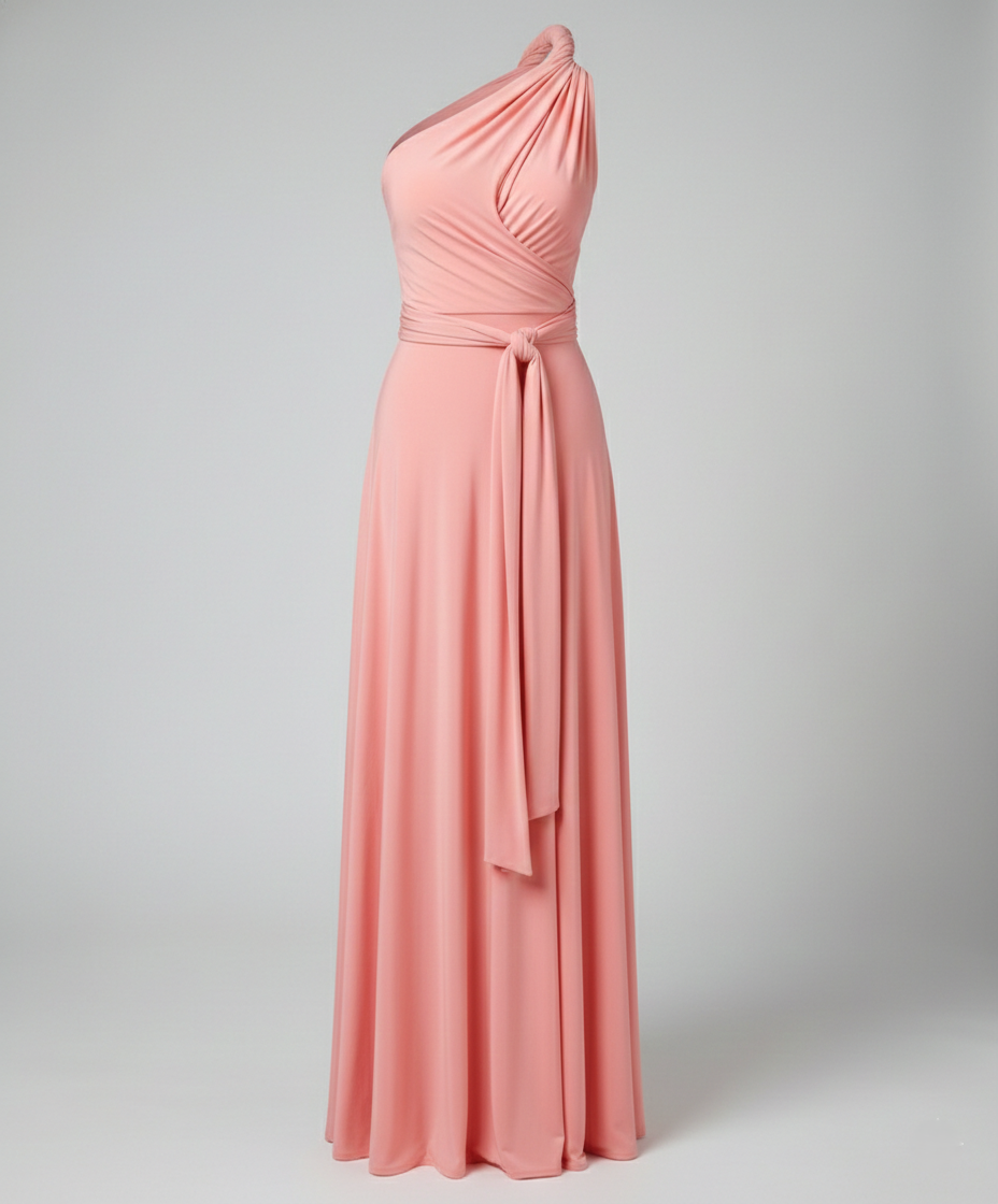 Floor-length formal dress with wrap styling on a plain background.
