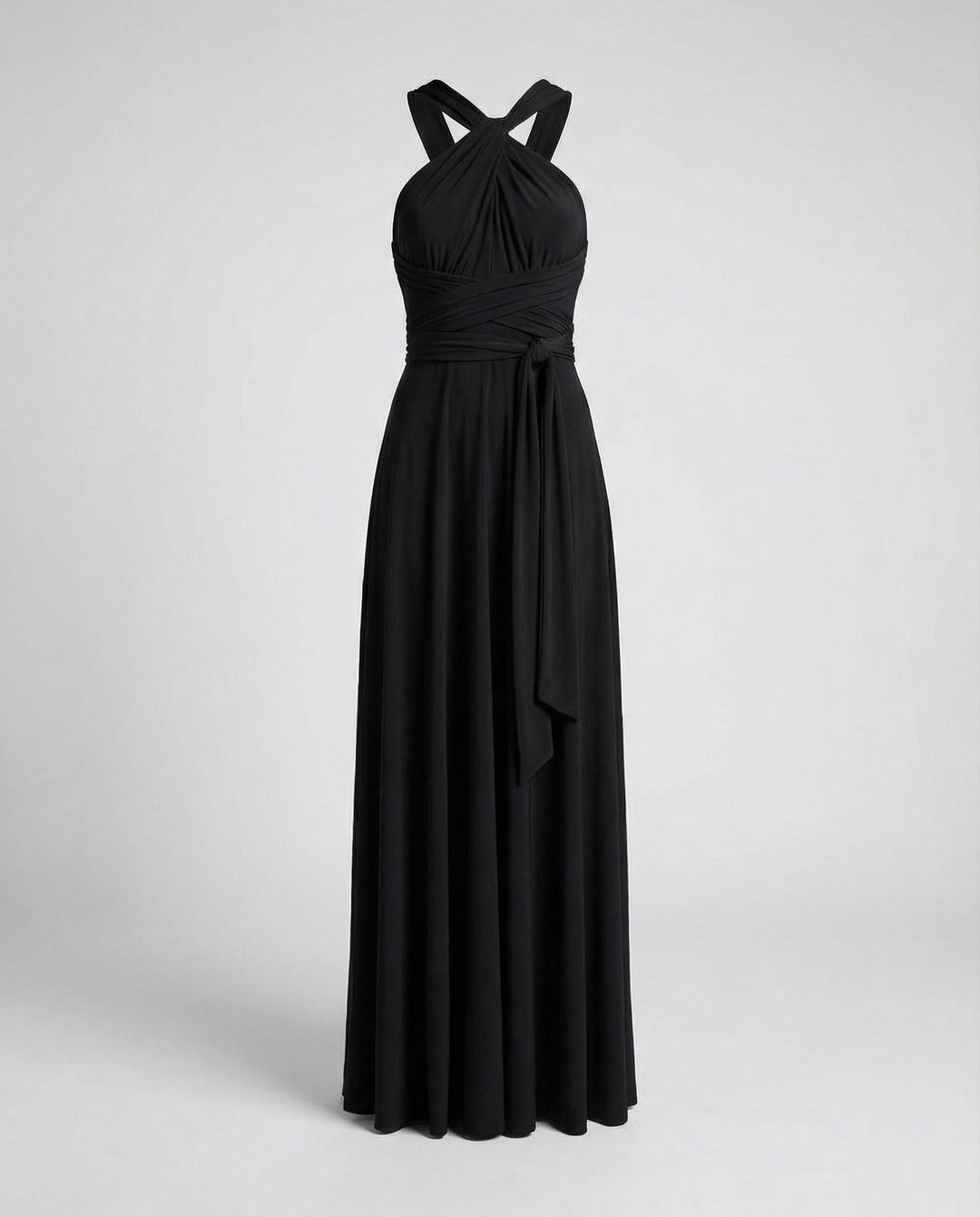 Sleeveless wrap evening gown on a plain background.