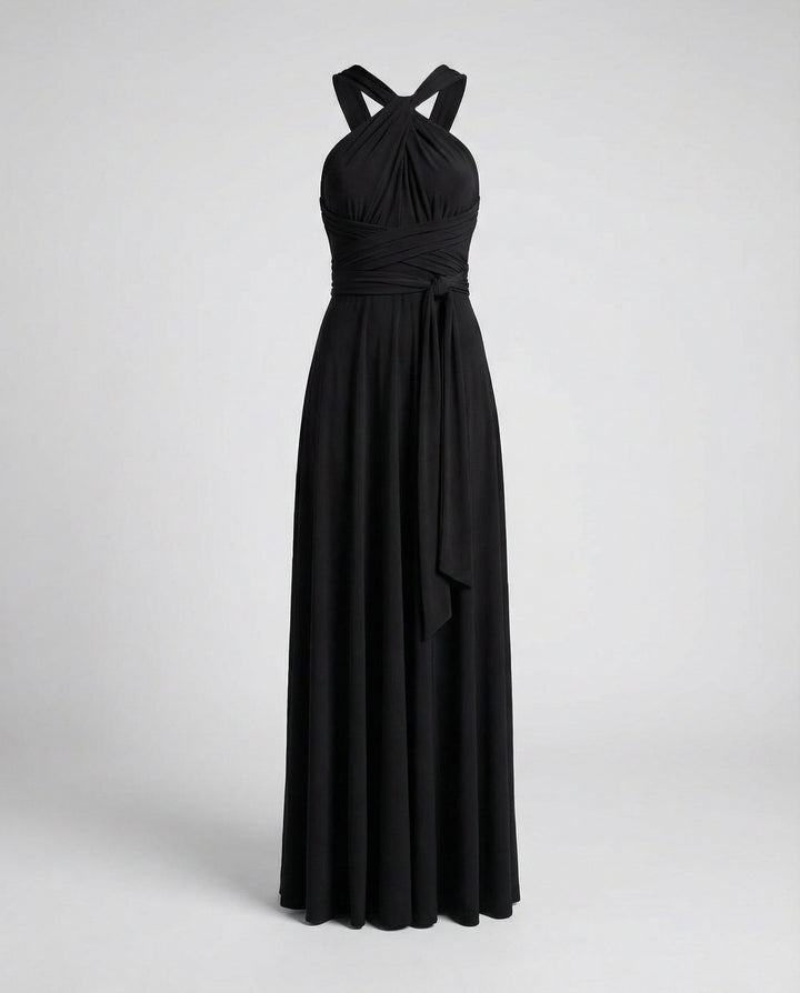 Sleeveless wrap evening gown on a plain background.