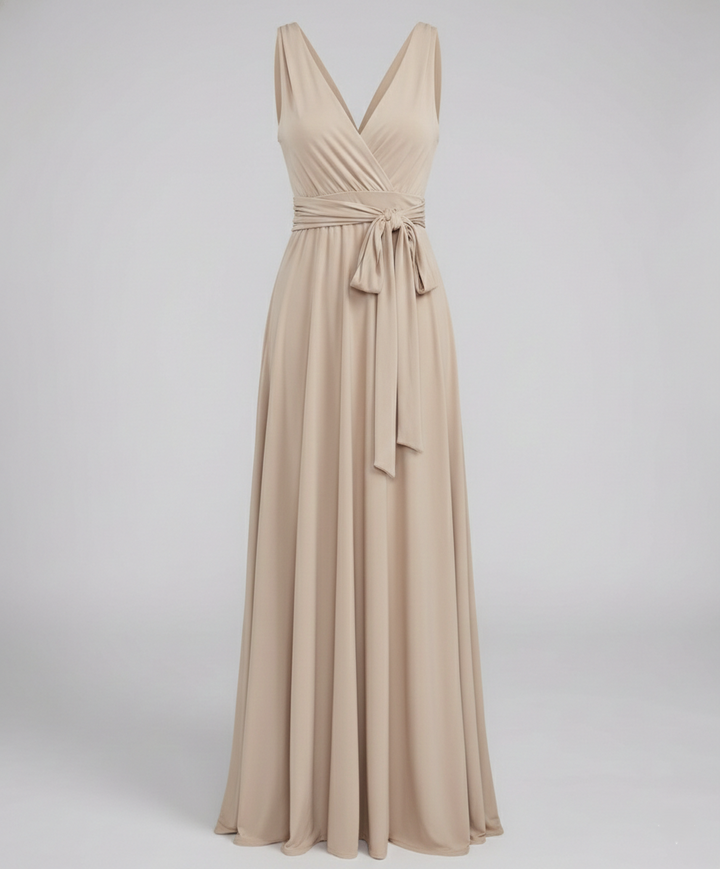 Convertible formal maxi dress with soft drape on a plain background.