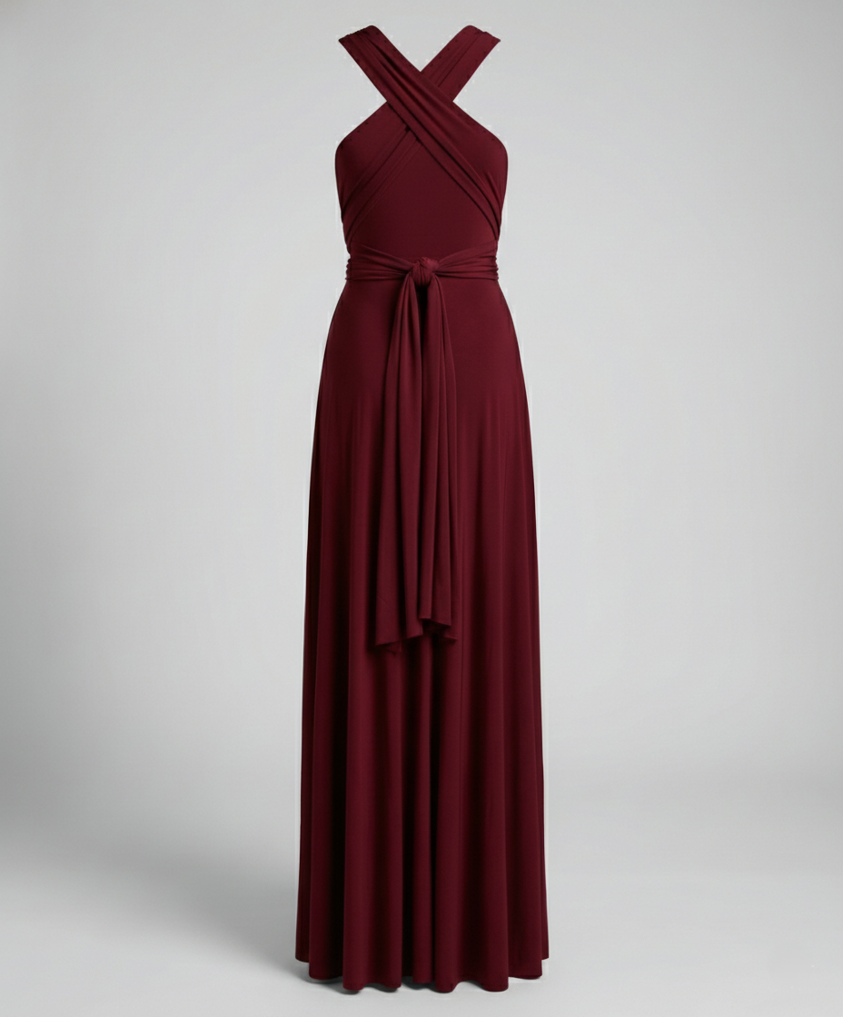 Full-length evening dress with adjustable neckline on a plain background.