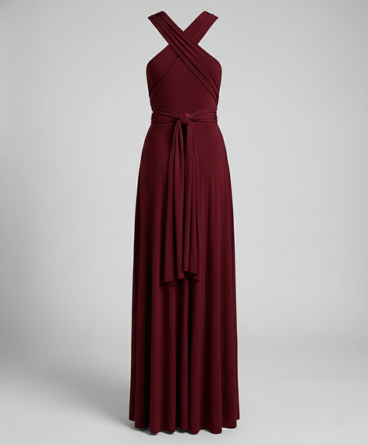Full-length evening dress with adjustable neckline on a plain background.