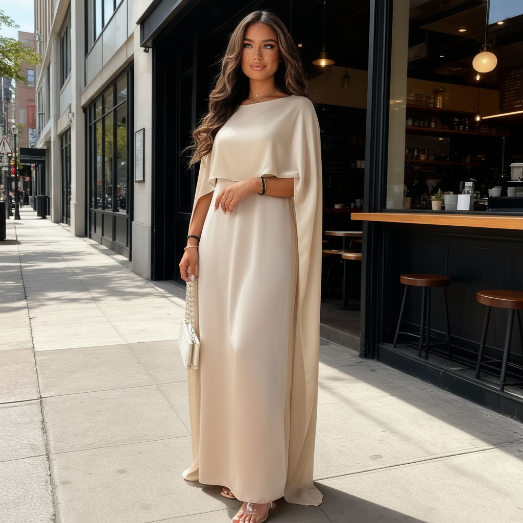Woman wearing a satin cape maxi dress on a plain background.