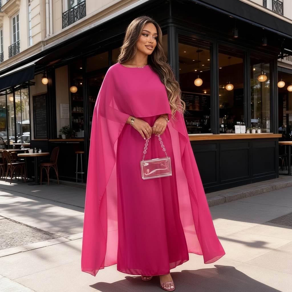 Model in a smooth shine maxi dress with draped cape detail on a plain background.