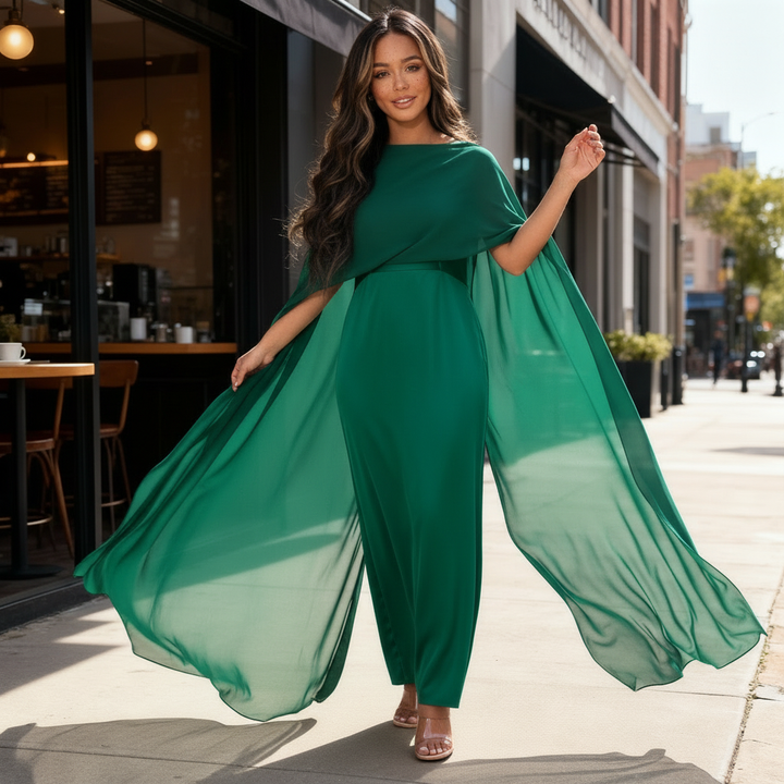 Woman in a boat neck cape maxi dress on a plain background.
