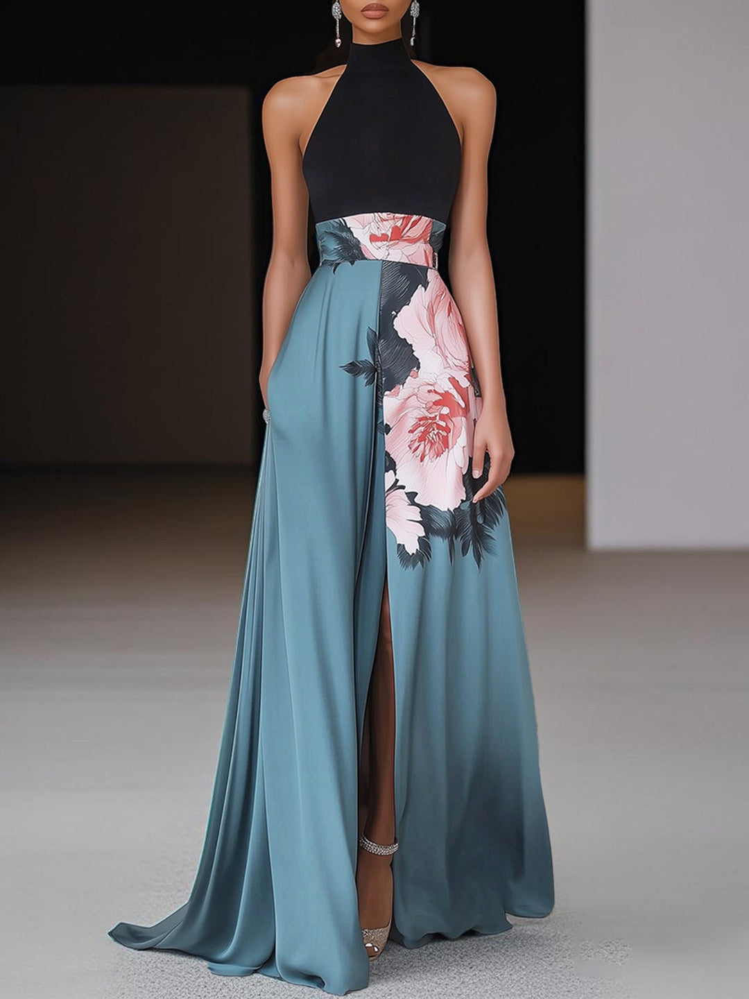 Woman wearing a sleeveless maxi dress with a crew neckline and front slit against a plain background.