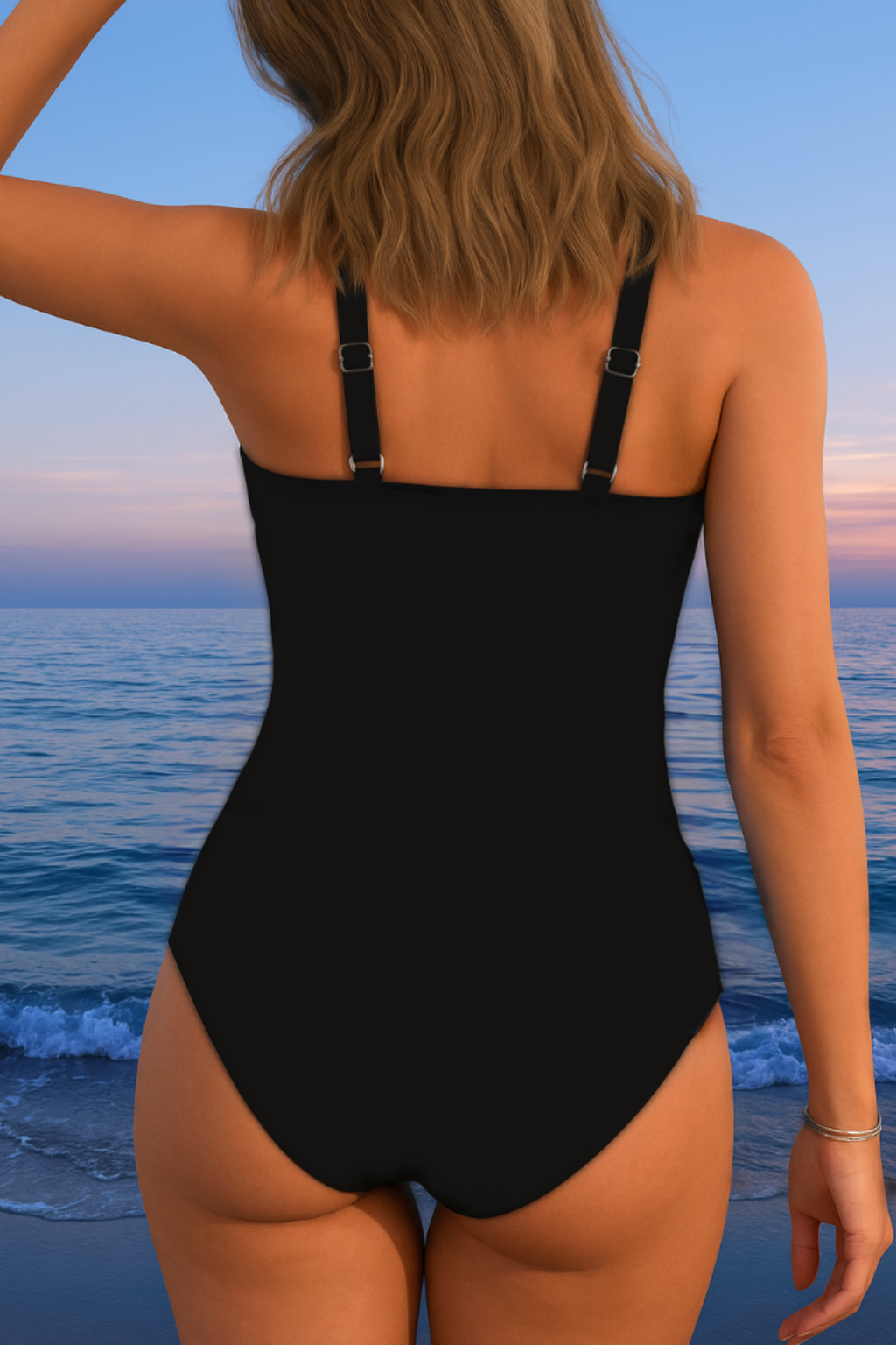 Female model in a bright patterned one-piece swimwear style on a beach background.