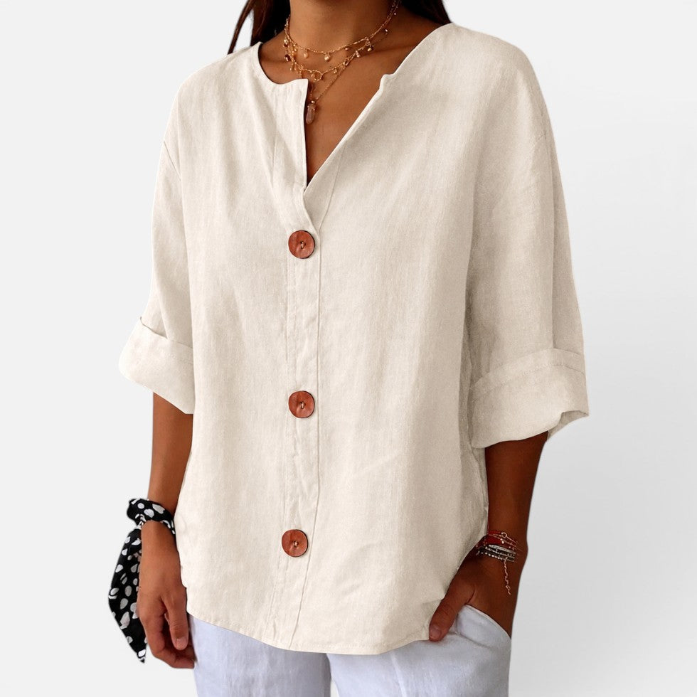 Anastasia | Women's Casual Stretch Leinenbluse with button placket and Halbarm Tops — Beige