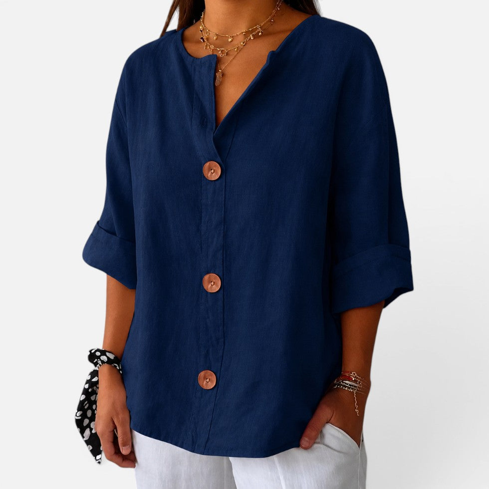 Anastasia | Women's Casual Stretch Leinenbluse with button placket and Halbarm Tops — Blau