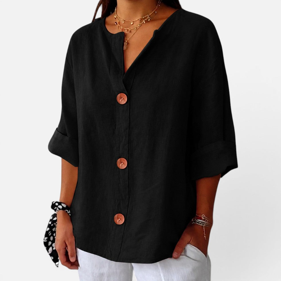 Anastasia | Women's Casual Stretch Leinenbluse with button placket and Halbarm Tops — 1