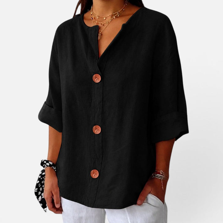 Anastasia | Women's Casual Stretch Leinenbluse with button placket and Halbarm Tops — 1