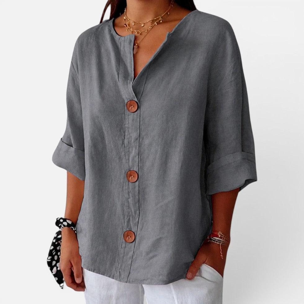 Anastasia | Women's Casual Stretch Leinenbluse with button placket and Halbarm Tops — Grau