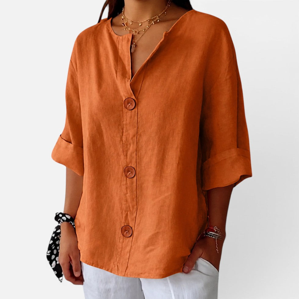 Anastasia | Women's Casual Stretch Leinenbluse with button placket and Halbarm Tops — Orange