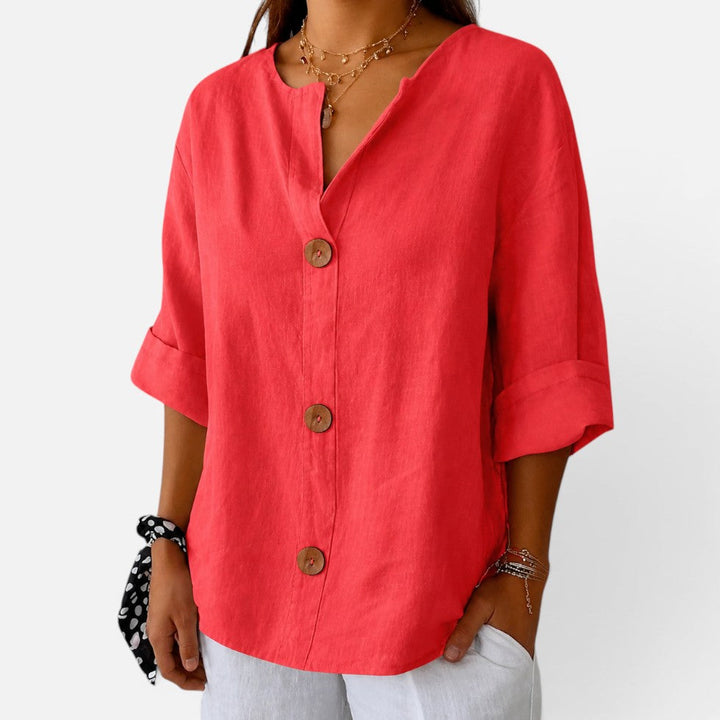 Anastasia | Women's Casual Stretch Leinenbluse with button placket and Halbarm Tops — Rot