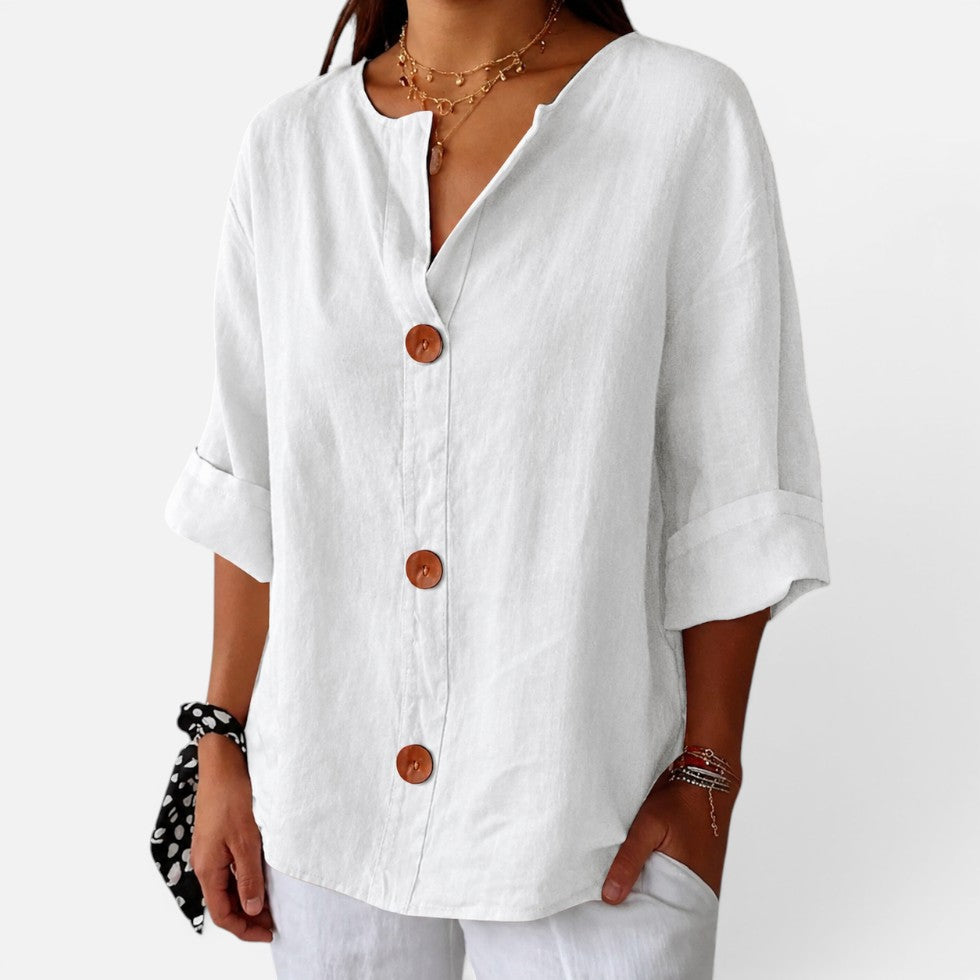 Anastasia | Women's Casual Stretch Leinenbluse with button placket and Halbarm Tops — Weiß