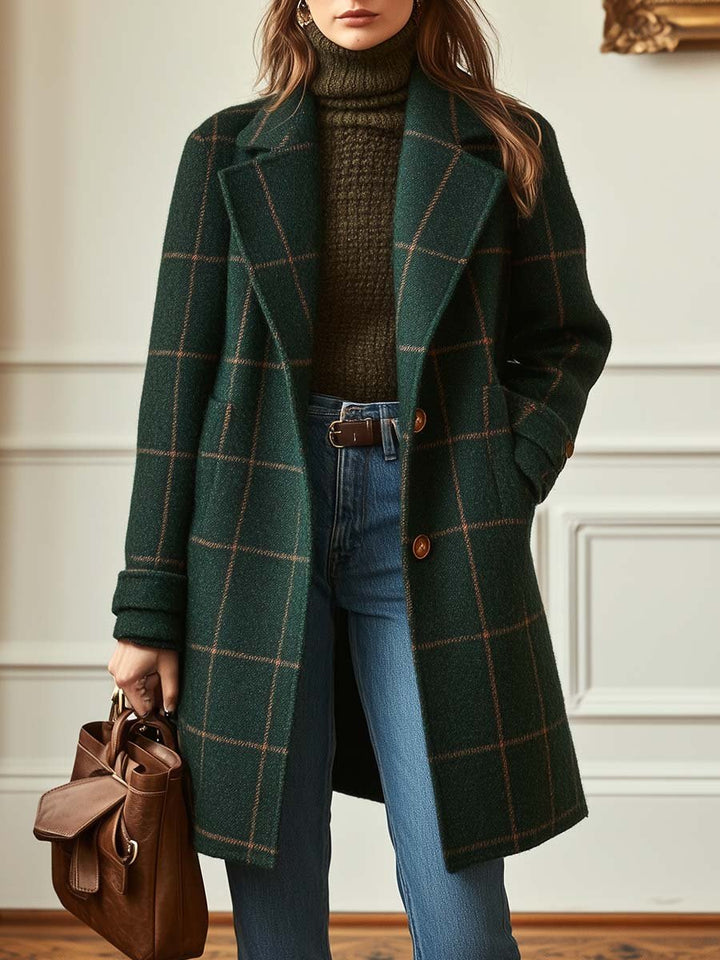 Anneliese | Women's Casual Stretch Plaid Mid-Length winter Coat Tops — Dark Green