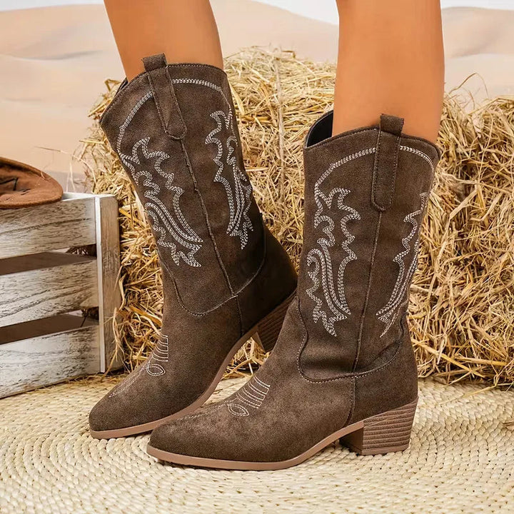 Anouksia | Women's Orthopedic Cowgirl Block Heel Boots — Dark Brown