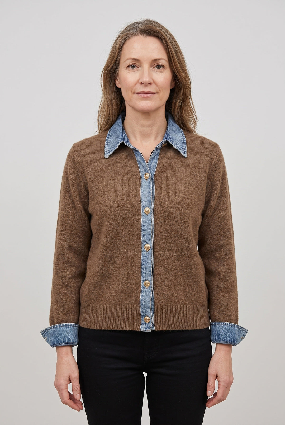Aramora | Women's Knit Cozy Denim-Look Cardigan, Button-Front Collar — 1