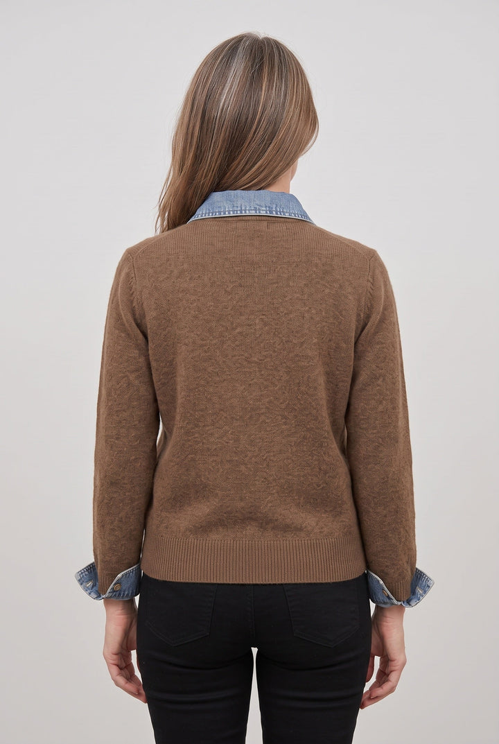 Aramora | Women's Knit Cozy Denim-Look Cardigan, Button-Front Collar — 2