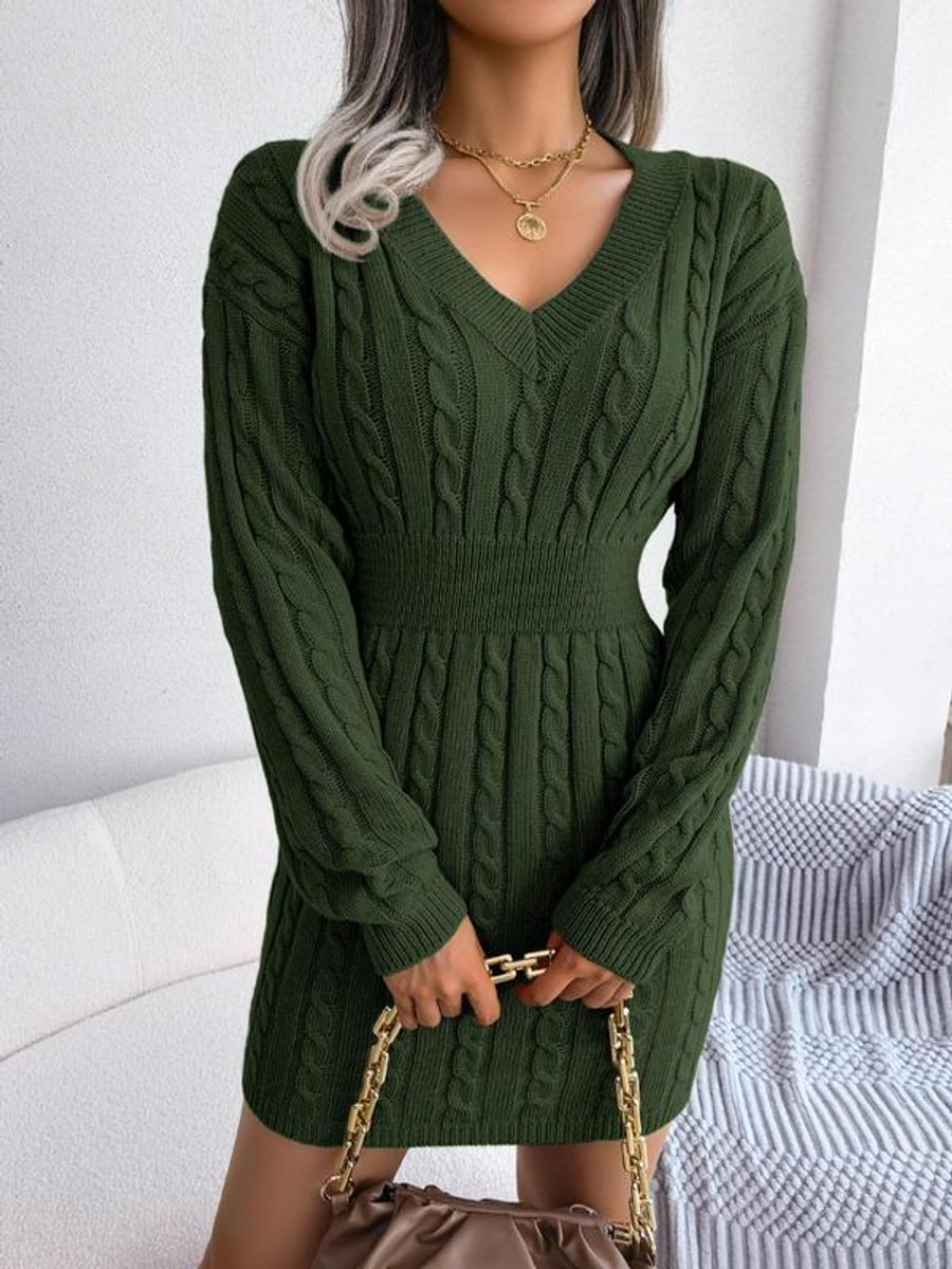 Arimora | Women's Cable Knit V Neck Long Sleeve Dress