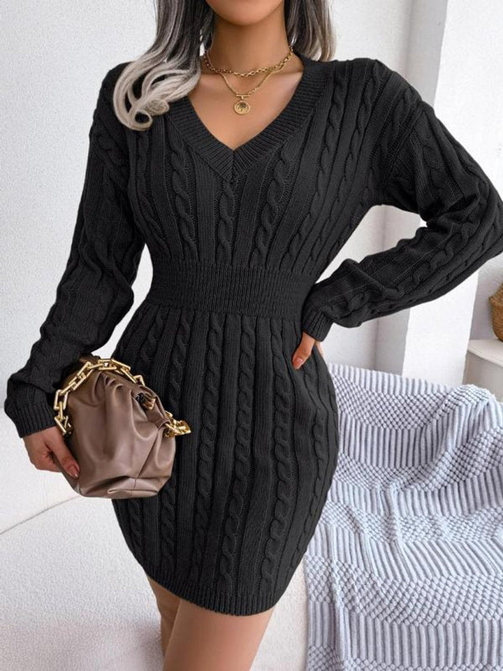 Arimora | Women's Cable Knit V Neck Long Sleeve Dress