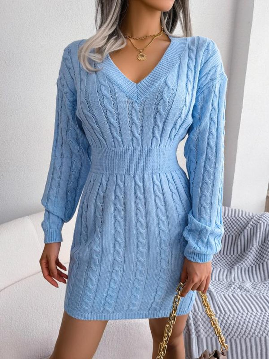 Arimora | Women's Cable Knit V Neck Long Sleeve Dress