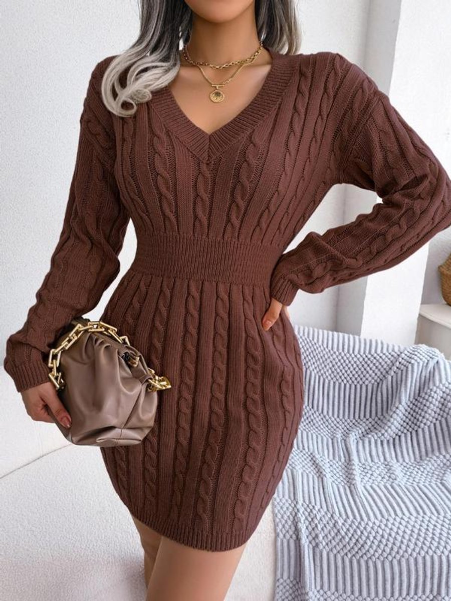 Arimora | Women's Cable Knit V Neck Long Sleeve Dress