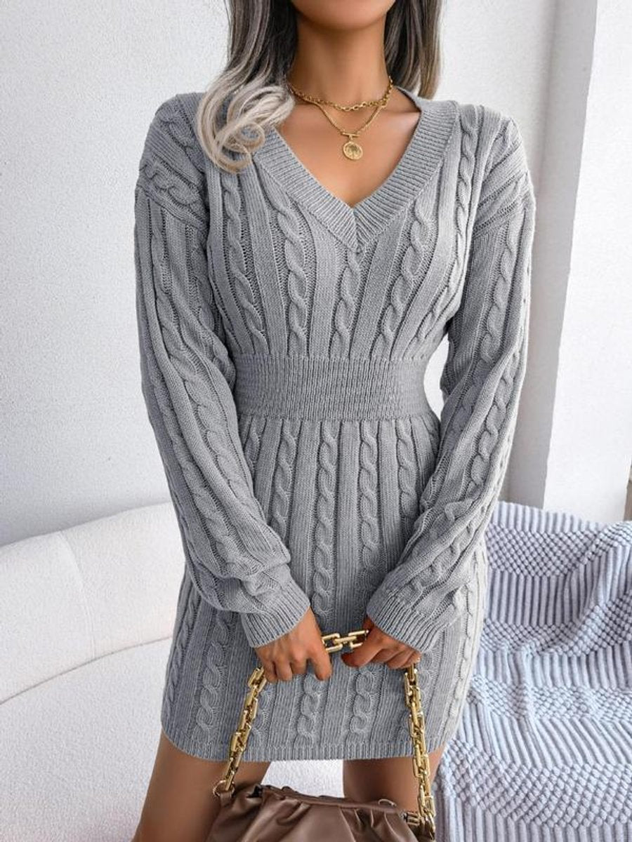 Arimora | Women's Cable Knit V Neck Long Sleeve Dress