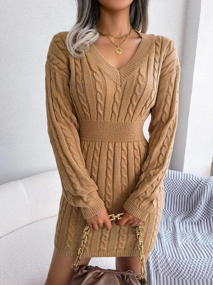 Arimora | Women's Cable Knit V Neck Long Sleeve Dress