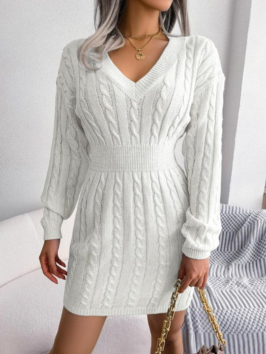Arimora | Women's Cable Knit V Neck Long Sleeve Dress