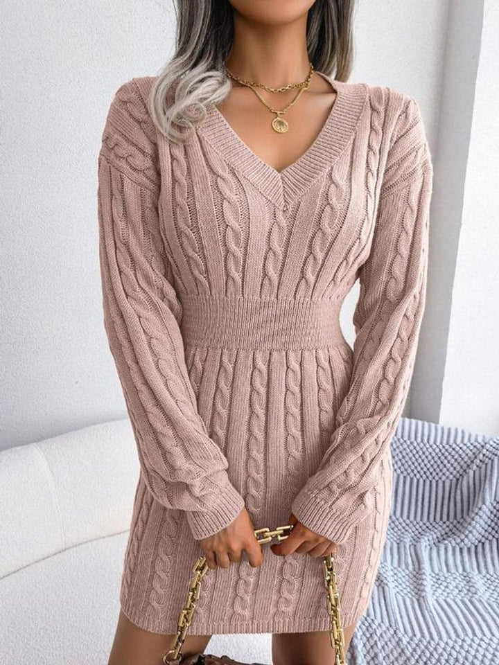 Arimora | Women's Cable Knit V Neck Long Sleeve Dress