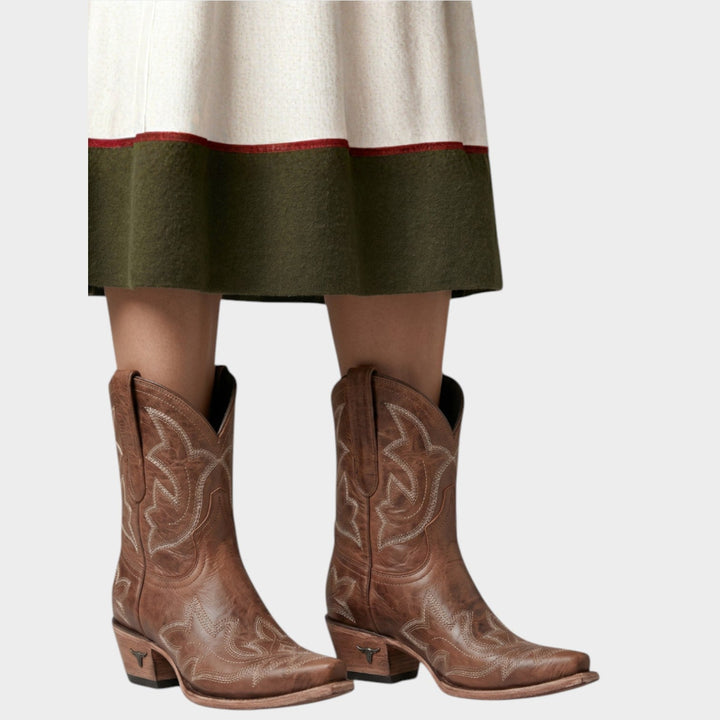 Averdessa | Women's Leather Cowboy Boots Western Embroidered Mid-Calf — Brown