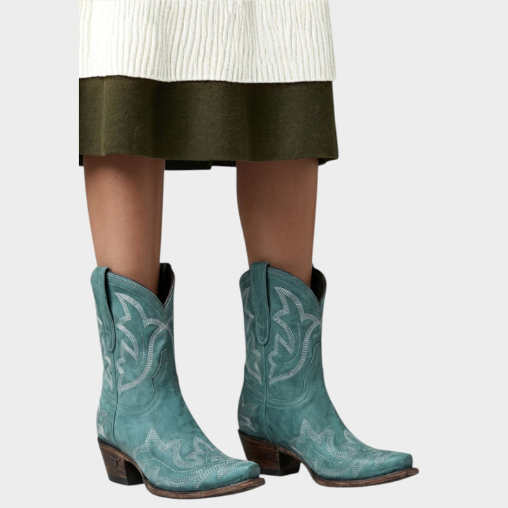 Averdessa | Women's Leather Cowboy Boots Western Embroidered Mid-Calf — Turquoise Teal