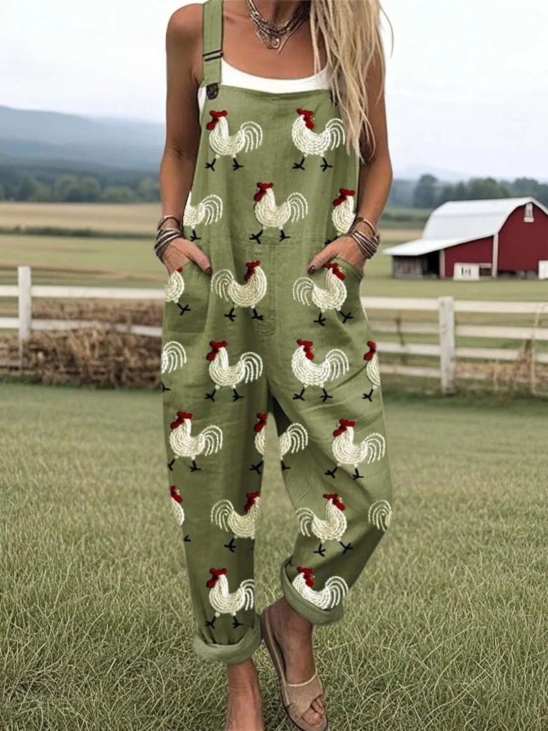 Woman wearing a printed jumpsuit with an adjustable waist and relaxed silhouette on a plain background.