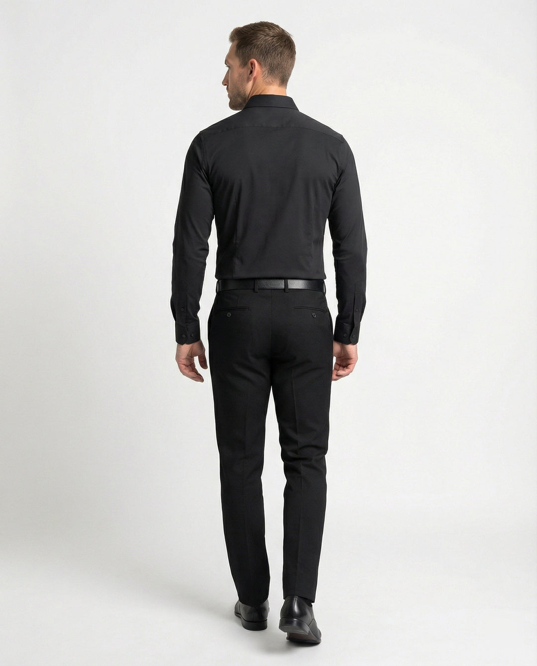Stretch business shirt with button-up front styling.