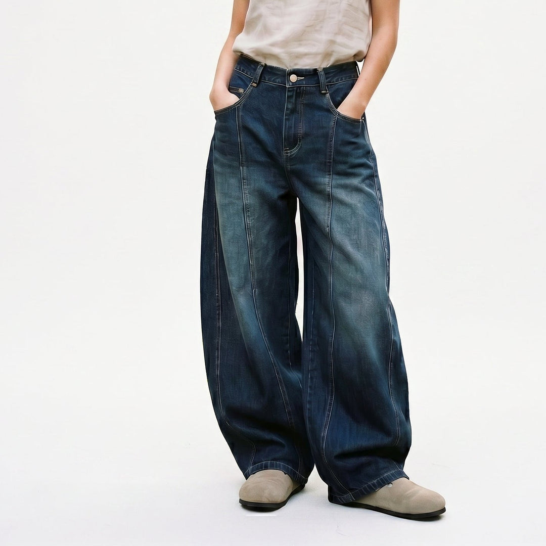 Belphoebe | Women's High-Waist Wide-Leg Baggy Embroidered Patchwork Jeans — Blue