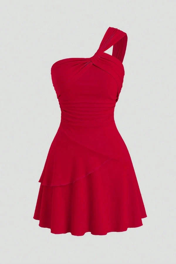 Bianca | Women's Maxi High-Waist Elegant One-Shoulder Homecoming Mini Dress with Layered Skirt — 3
