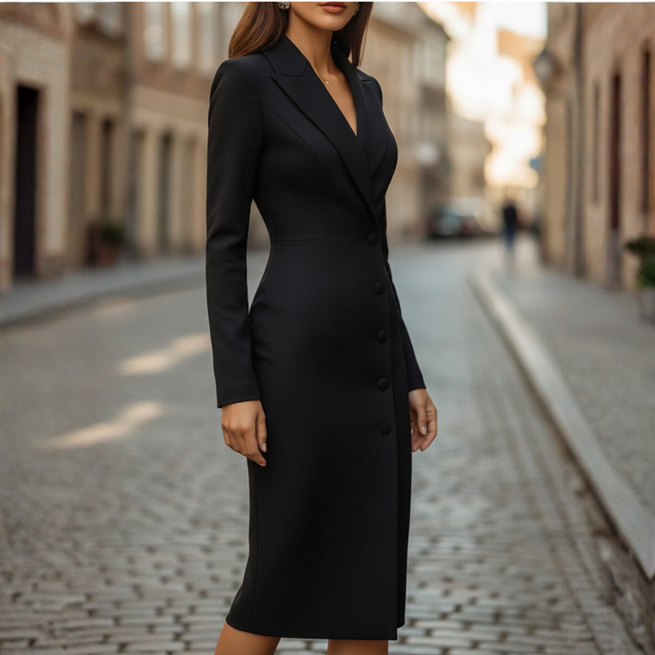 Woman styled in a long sleeve tailored blazer dress on a plain background.
