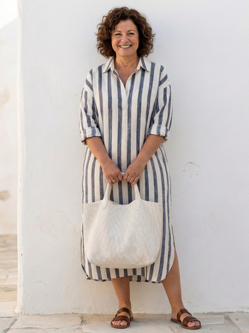 Woman in a front closure mid-length layer styled for formal wear on a plain background.
