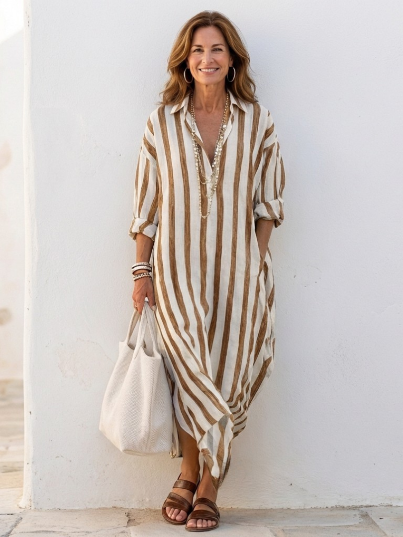 Female model showing a mid-length front closure design on a plain background.
