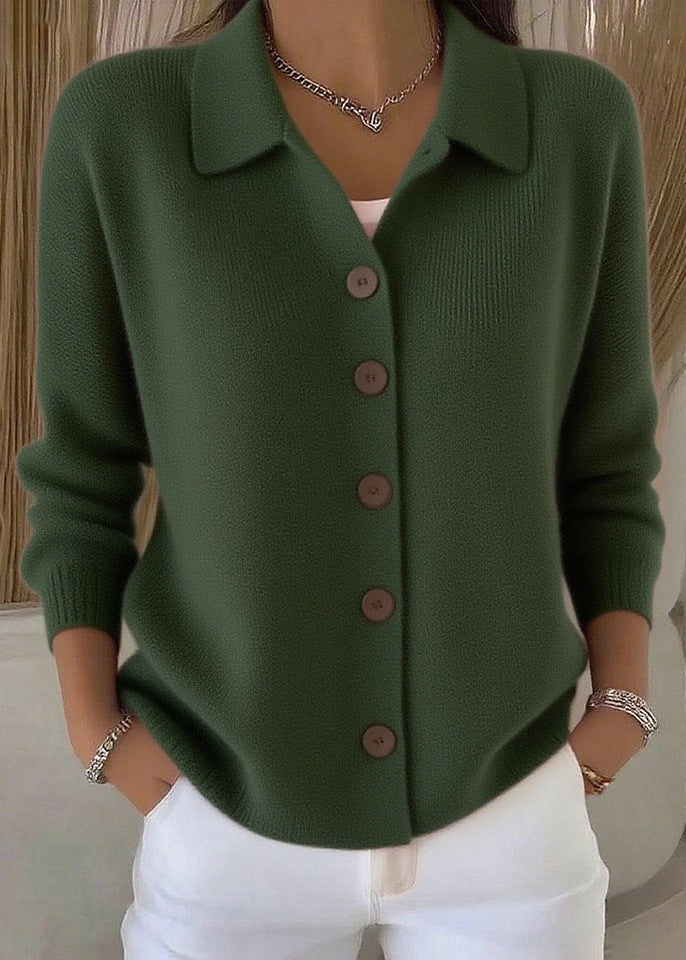 Kaeliora | Women's Knit Cozy Cardigan Sweater with Shirt Collar and Button Down Front — Army Green