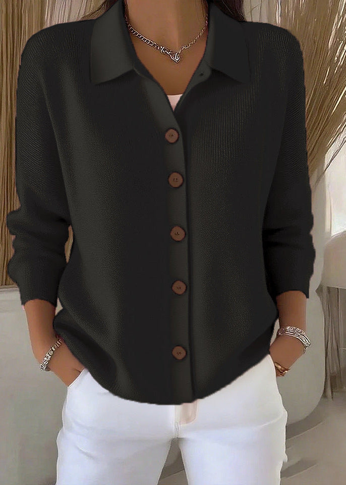 Kaeliora | Women's Knit Cozy Cardigan Sweater with Shirt Collar and Button Down Front — Black