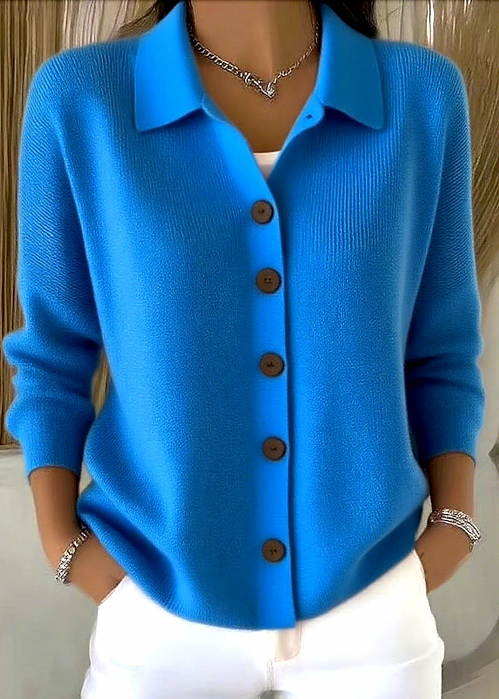 Kaeliora | Women's Knit Cozy Cardigan Sweater with Shirt Collar and Button Down Front — Blue