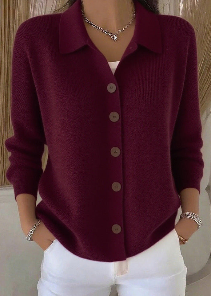 Kaeliora | Women's Knit Cozy Cardigan Sweater with Shirt Collar and Button Down Front — Burgundy