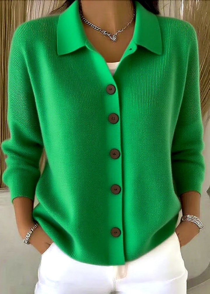 Kaeliora | Women's Knit Cozy Cardigan Sweater with Shirt Collar and Button Down Front — Emerald Green
