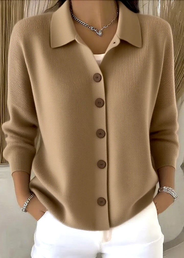 Kaeliora | Women's Knit Cozy Cardigan Sweater with Shirt Collar and Button Down Front — Khaki