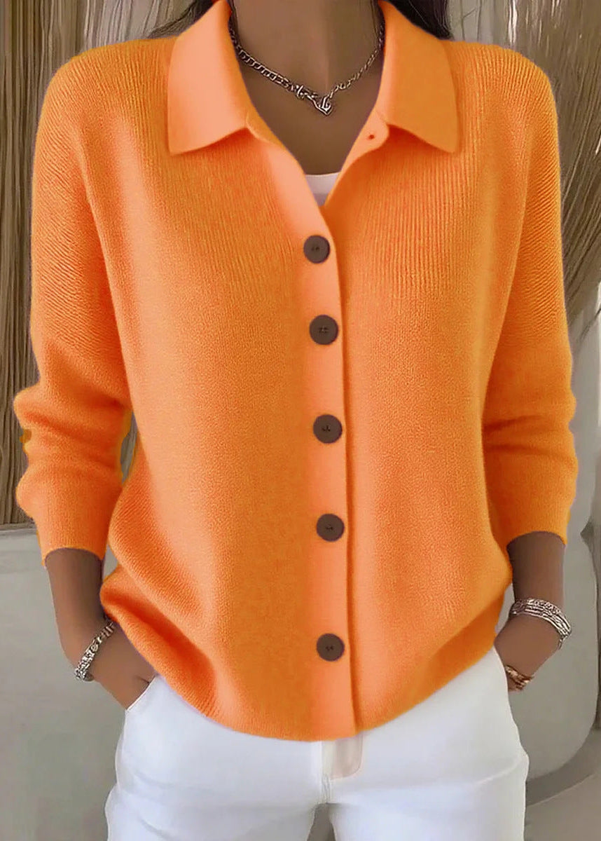 Kaeliora | Women's Knit Cozy Cardigan Sweater with Shirt Collar and Button Down Front — Orange